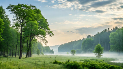 Misty morning landscape with green forest and river