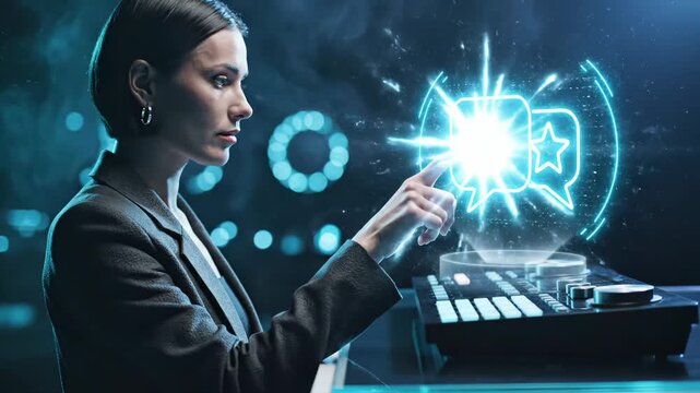 Woman touches holographic review icon. This woman uses a futuristic interface for customer feedback. The technology projects a review icon. This holographic display shows a star rating. Future of busi