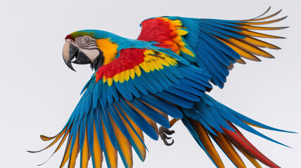 Fototapeta premium Vibrant macaw in flight showcasing its striking blue red and yellow plumage against a light background.