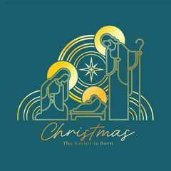 Christmas, the savior is born - Gold dobble line The Nativity with mary and joseph in a manger with baby Jesus and stars light with circle lines around on blue background vector design