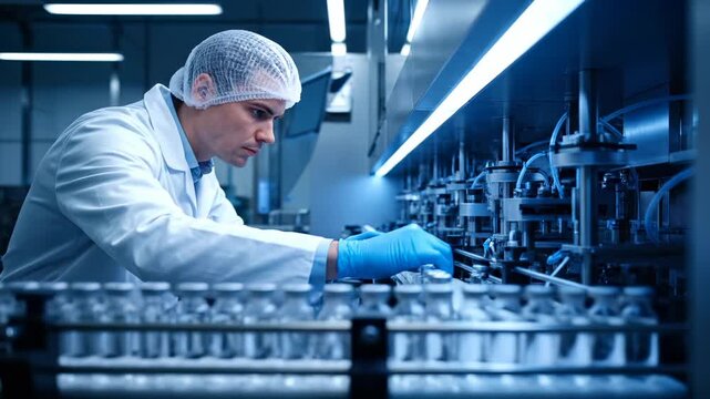 Inspecting bottles on conveyor line. Pharmaceutical worker performs quality inspection. Technician monitors production and manufacturing. Factory bottling operation in sterile room. Worker checks cap.