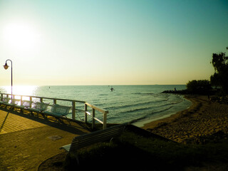 Sunrise over pier in Gdynia, Poland.