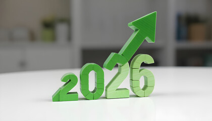 Green Wooden 2026 Numbers with Large Upward Arrow Growth Success Concept