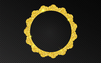 Round golden frame adorned with shimmering glitter texture and delicate scallop border, ideal for festive labels, mirror designs, and elegant vintage style backgrounds.