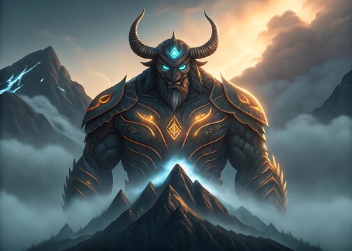 Mighty warrior with horned helmet standing on mountain peak