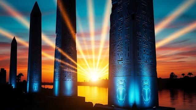 Ancient egyptian obelisks illuminated by dramatic sunset light over water