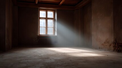 Obraz premium Sunlight streams through a window into a dusty empty room with bare walls and wooden ceiling beams