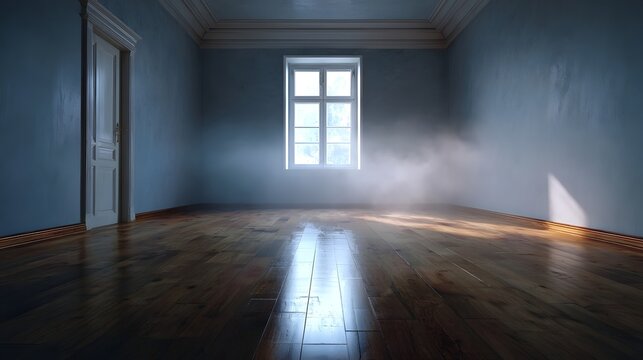 Empty room with sunlight streaming through a window illuminating dust particles and creating a hazy atmosphere