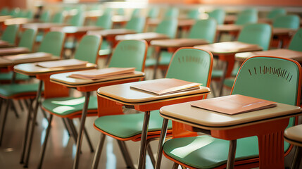 Empty classroom with teal walls and wooden flooring, showcasing rows of desks ready for students in an educational setting