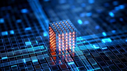 Server and optic technology enhance networking to communicate data efficiently futuristic digital environment with glowing cube and circuit board details as advanced networking technology merges - Powered by Adobe