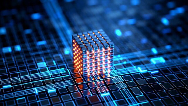 Server and optic technology enhance networking to communicate data efficiently futuristic digital environment with glowing cube and circuit board details as advanced networking technology merges