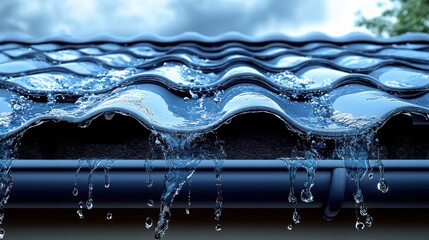 The storm drainage polymer system effectively channels rainwater from the roof of a private house, showcasing its functionality during wet weather.