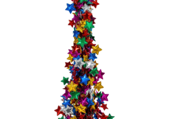 dynamic scatter of highly reflective metallic foil stars in vibrant ruby, emerald, and gold, caught mid-fall with sharp studio light on a transparent backdrop. birthday celebration atmosphere