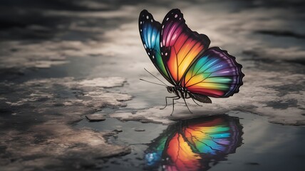 Rainbow butterfly on wet textured ground with reflection