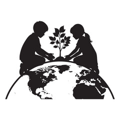 Children Planting a Tree on Earth Globe Symbolizing Nature Conservation and Future Sustainability