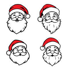 Set of cartoon Santa Claus heads in red hats for festive Christmas design. merry santa, holiday icons, santa faces, christmas art, cartoon xmas