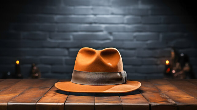 Elegant teal fedora hat on a wooden surface showcasing its unique design and texture under soft lighting