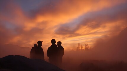 Silhouettes of a group of people watching a dramatic sunset or sunrise with mist over a mountain landscape