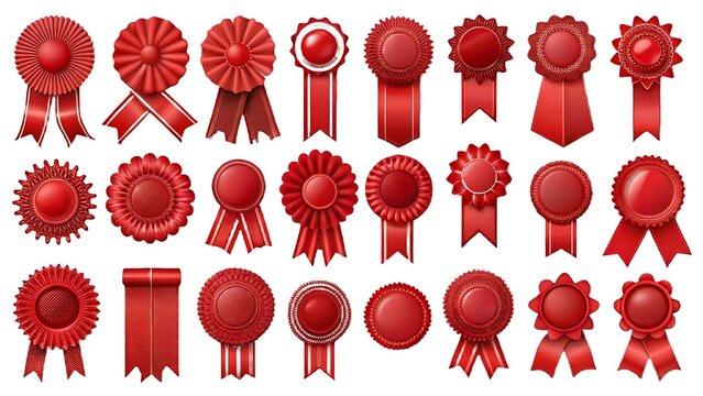 Collection of red rosettes and ribbons for awards and recognition