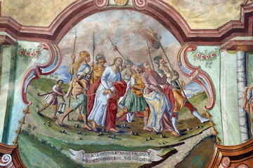 Jesus is betrayed by Judas and arrested, fresco in the parish church of Our Lady of Snow in Kutina, Croatia