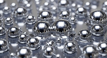 Captivating macro view of spherical silver liquid metal droplets reflecting ambient light