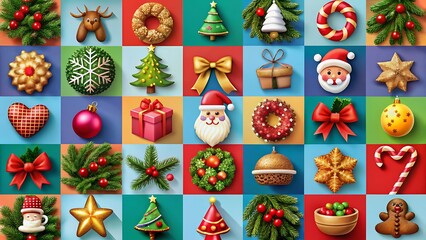Vibrant collage of festive christmas ornaments and decorations