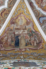Priest Antun Pozojevic and Count Karlo Erdody with the people in front of the new church in Kutina, fresco in the parish church of Our Lady of Snow in Kutina, Croatia