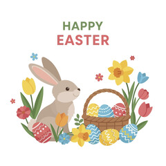 Happy Easter Bunny with Decorated Eggs and Flowers.