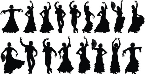 Flamenco Dancers Large Black Silhouette Set, Spanish Man and Woman in Traditional Costume, Dancing with Hand Fans and Sombrero, Passionate Performance Vector Graphics, Isolated on White.