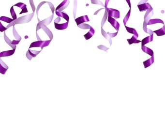 Festive purple and pink ribbon streamers on transparent background
