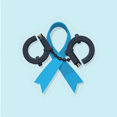A symbolic illustration showing a pair of black handcuffs snapping apart a blue awareness ribbon, representing freedom or overcoming a struggle related to the cause the ribbon represents.