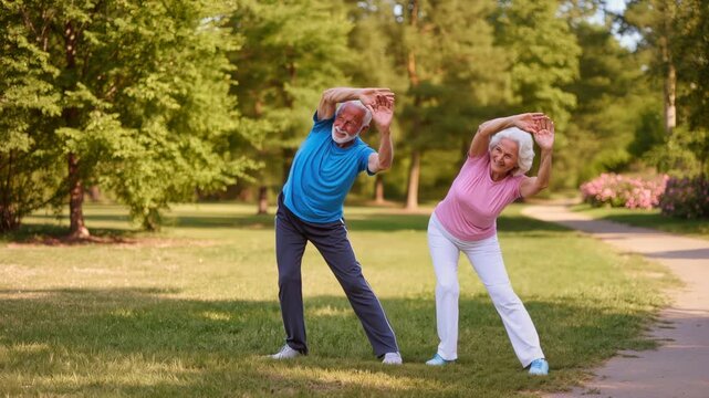 Un couple de seniors effectue des &eacute;tirements dans un parc ensoleill&eacute;