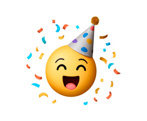 Celebratory emoji with party hat and confetti on transparent background
