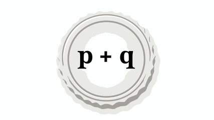 A minimalist vector illustration of a silver bottle cap viewed from above, featuring the algebraic expression "p + q" in black serif font in the center.