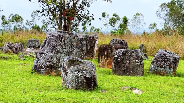 Valley of the Jars, Laos. Phongsavan. Valley of the Jars. The megalithic archaeological landscape consists of thousands of stone jars scattered across the Xiangkhouang Plateau. 4К	
