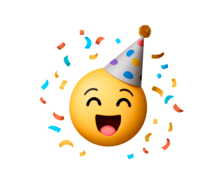 Celebratory emoji with party hat and confetti on transparent background
