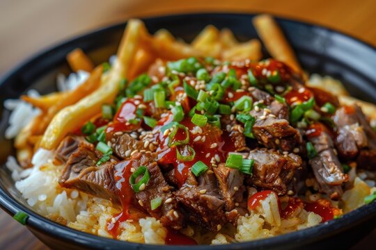 Delicious asian style beef and rice bowl topped with french fries, spring onions, sesame seeds and spicy sauce - Powered by Adobe