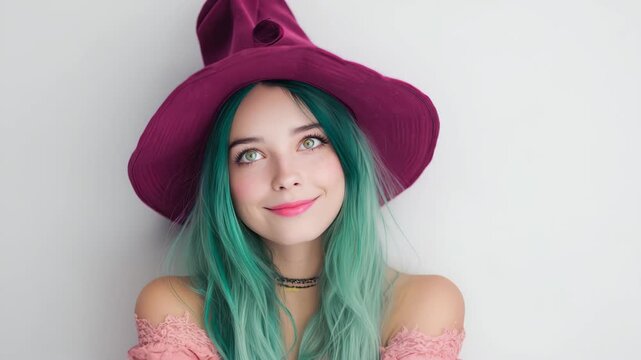 Beautiful young woman with dyed green hair and a witch hat smiling and making funny faces to the camera
