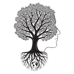 Human Face Tree with Roots and Earth Symbol Representing Nature Mind and Environmental Awareness