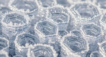 Macro view of delicate shimmering frost crystals forming beautiful intricate geometric patterns