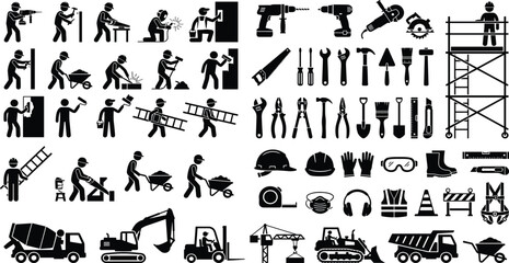 Vector Silhouettes Collection of Construction Workers, Tools, Dump Truck, Large Drill, Ladders, and Scaffolding for Building, Repair, and Labor Concepts.Vector Silhouettes Collection 