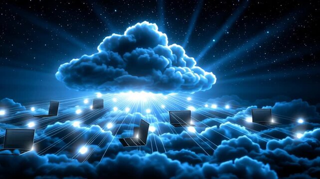 Cloud server technology with glowing optic connections and multiple laptops networking to communicate data futuristic digital environment starry sky, enabling seamless digital connection