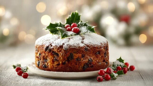 Festive fruitcake dessert with powdered sugar icing and holiday bokeh background