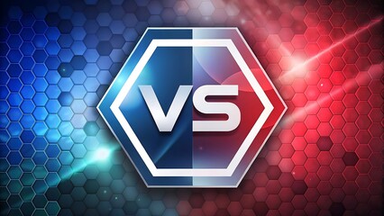 Versus symbol in hexagonal frame with red and blue background lights