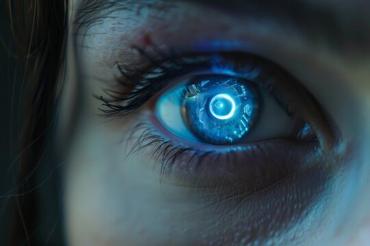 Close up of a female eye showcasing advanced bionic technology, integrating digital data and scanning capabilities