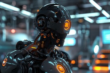 Futuristic robot with glowing details standing in a technologically advanced facility, showcasing innovation and artificial intelligence