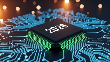 Futuristic microchip with year 2026 imprinted for technology trends and predictions