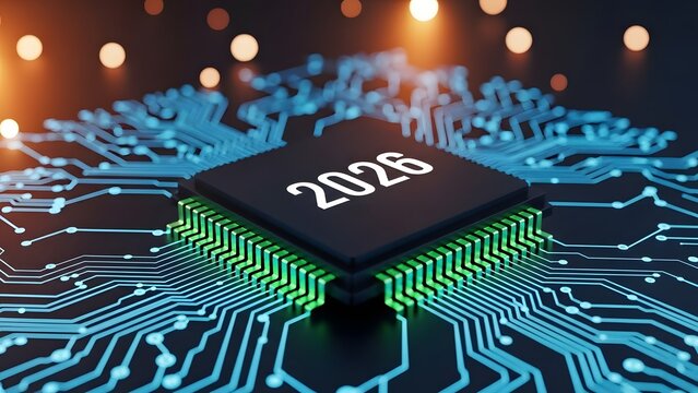 Futuristic microchip with year 2026 imprinted for technology trends and predictions