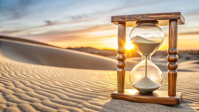 Hourglass in the desert at sunset shows the passage of time concept