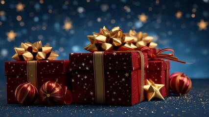 Red christmas gift boxes with gold ribbons and ornaments on a sparkling blue background